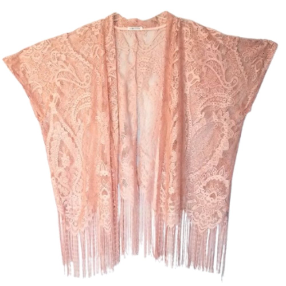 EMERETTE Peachy Pink Oversized Sheer Lacy Fringed Kimono Cardigan - Women's M